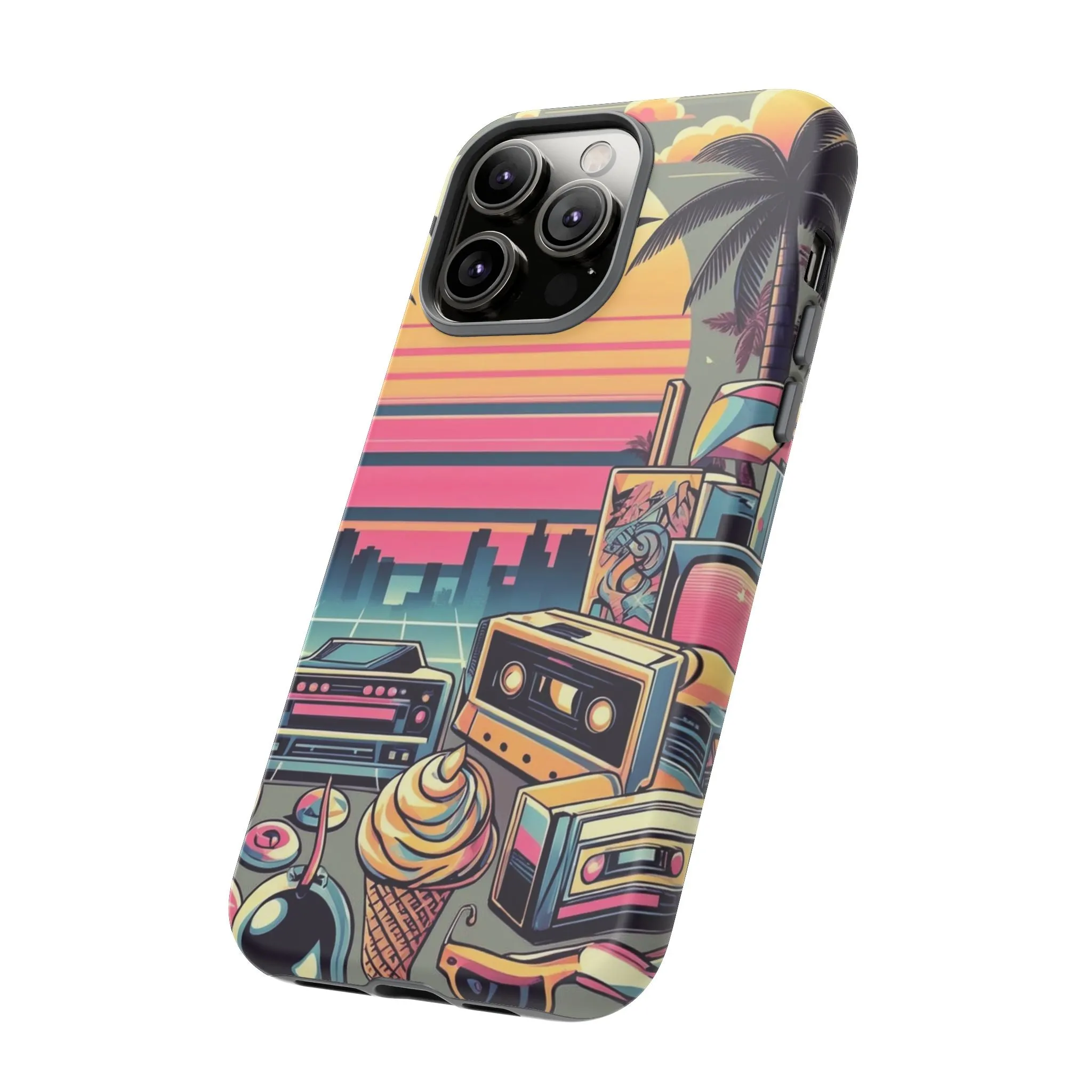 Who needs boring city skylines when you can have an epic sunset, palm trees, and 80s icons on your cell phone case?