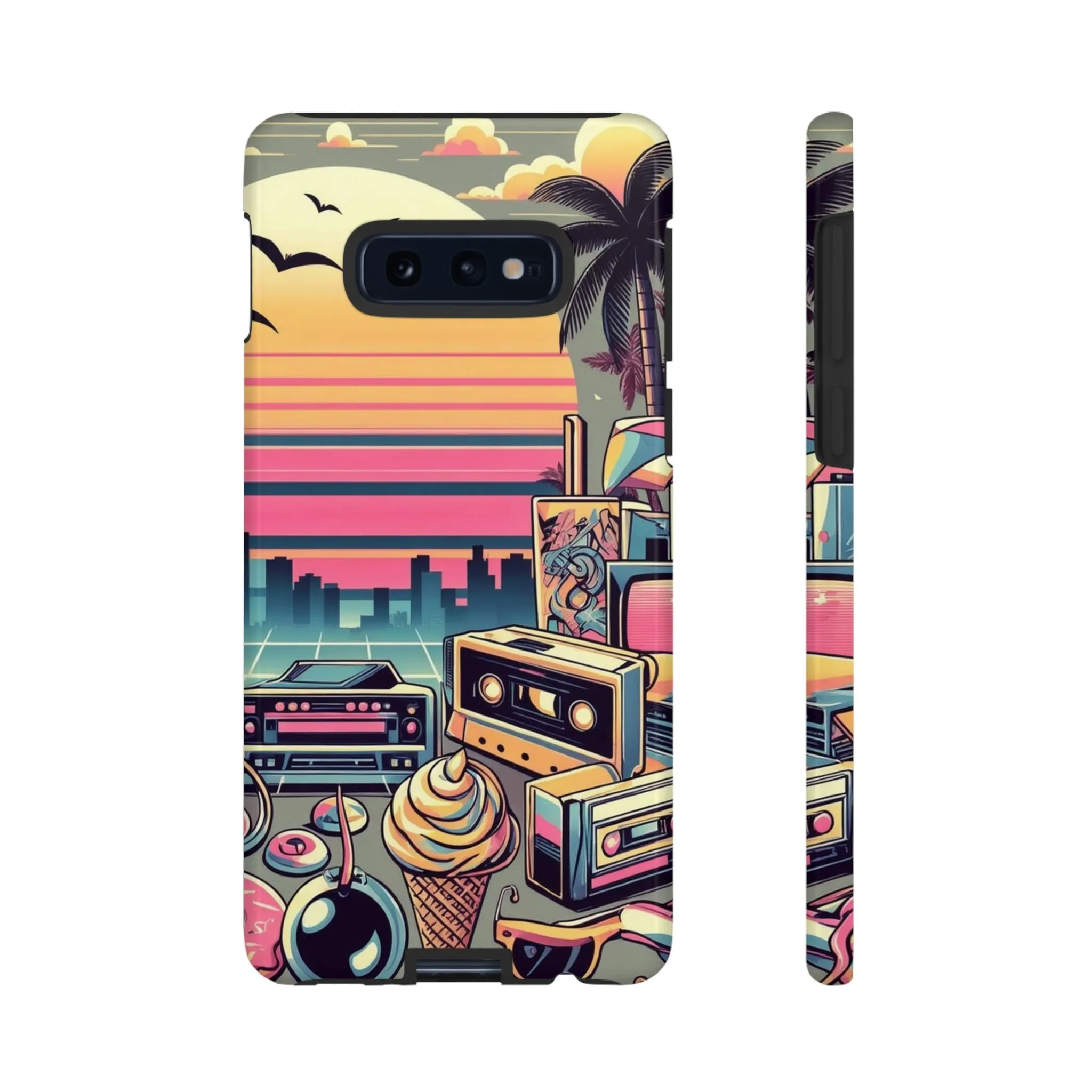 Who needs boring city skylines when you can have an epic sunset, palm trees, and 80s icons on your cell phone case?