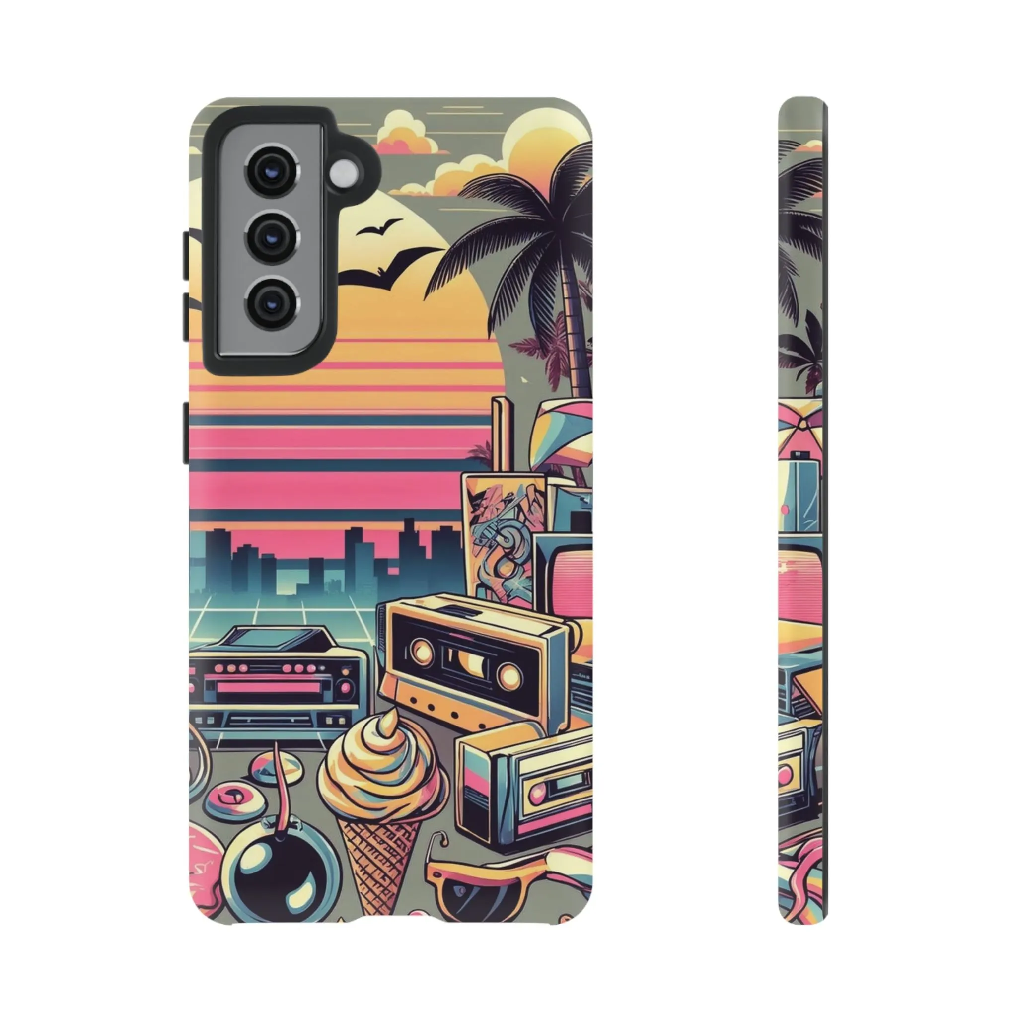 Who needs boring city skylines when you can have an epic sunset, palm trees, and 80s icons on your cell phone case?