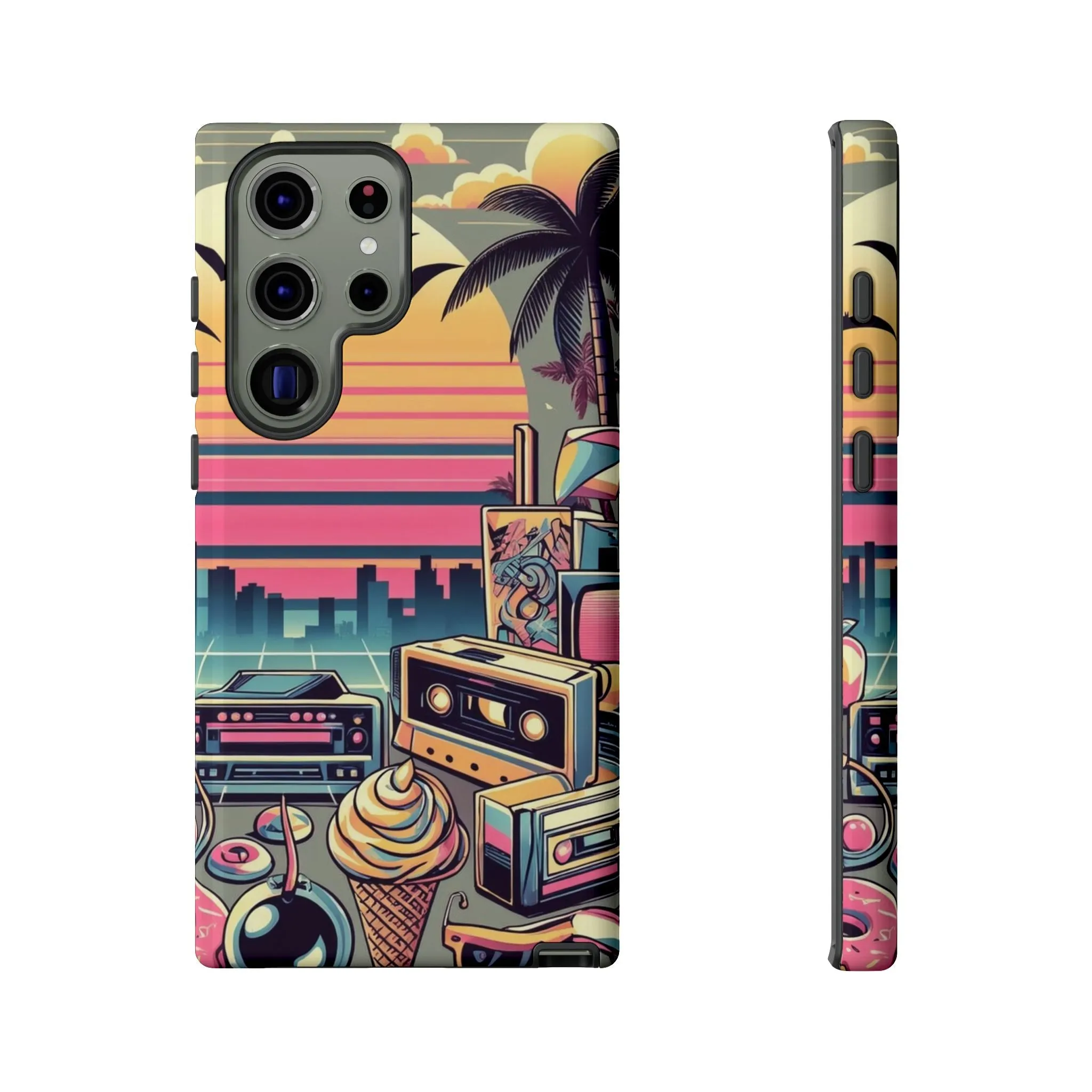 Who needs boring city skylines when you can have an epic sunset, palm trees, and 80s icons on your cell phone case?