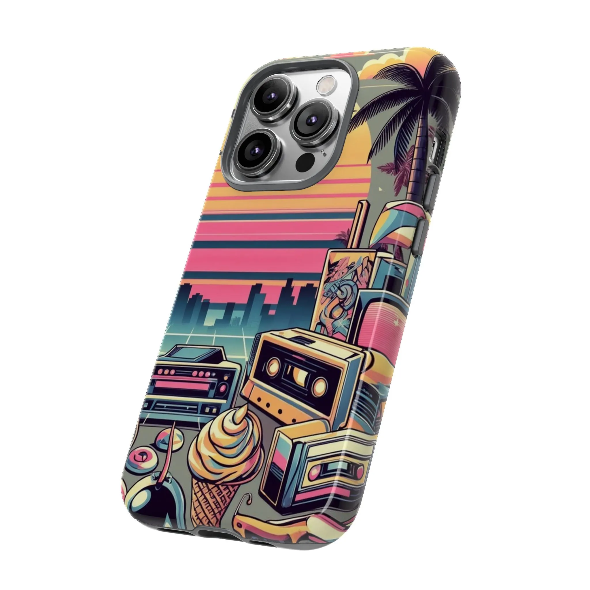 Who needs boring city skylines when you can have an epic sunset, palm trees, and 80s icons on your cell phone case?