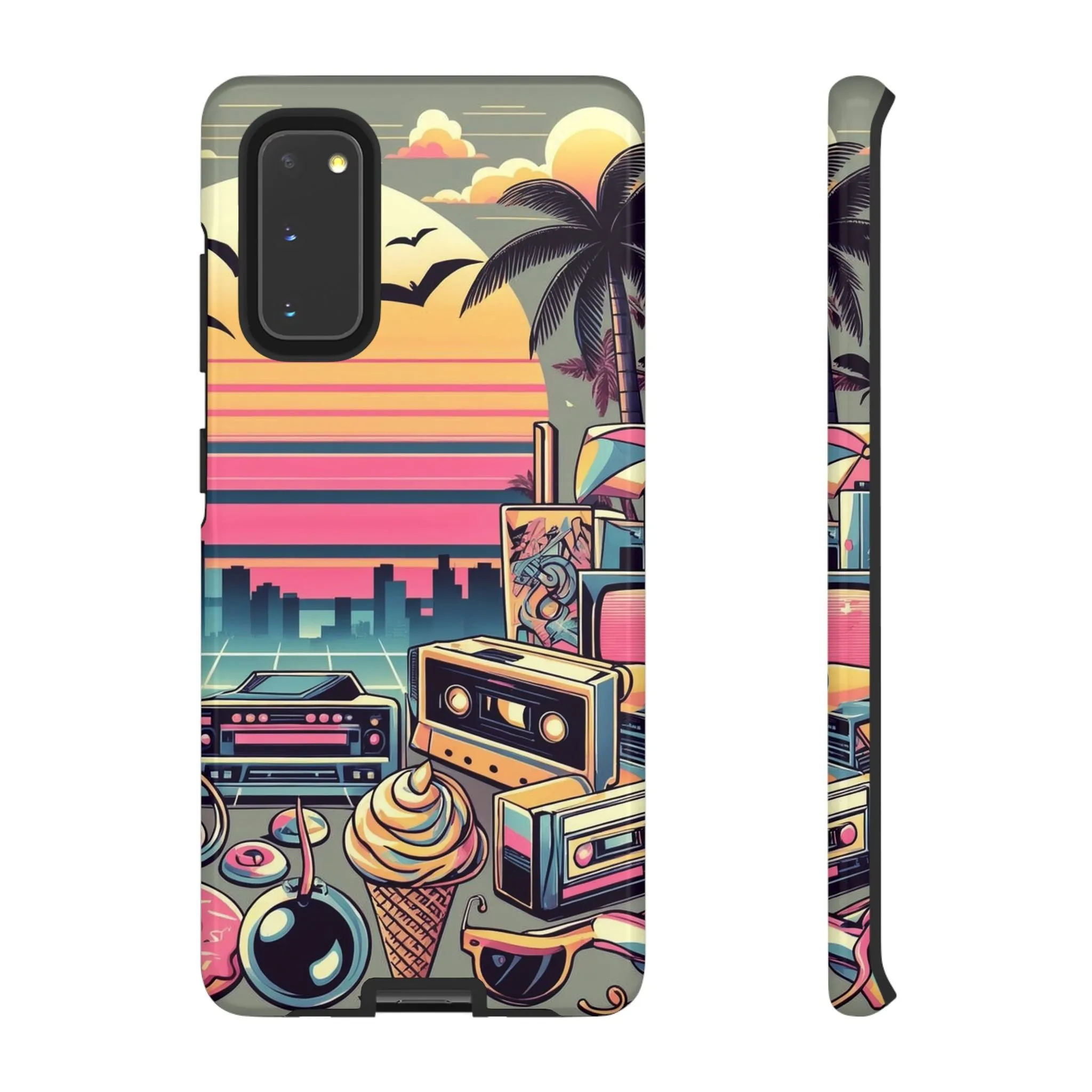 Who needs boring city skylines when you can have an epic sunset, palm trees, and 80s icons on your cell phone case?