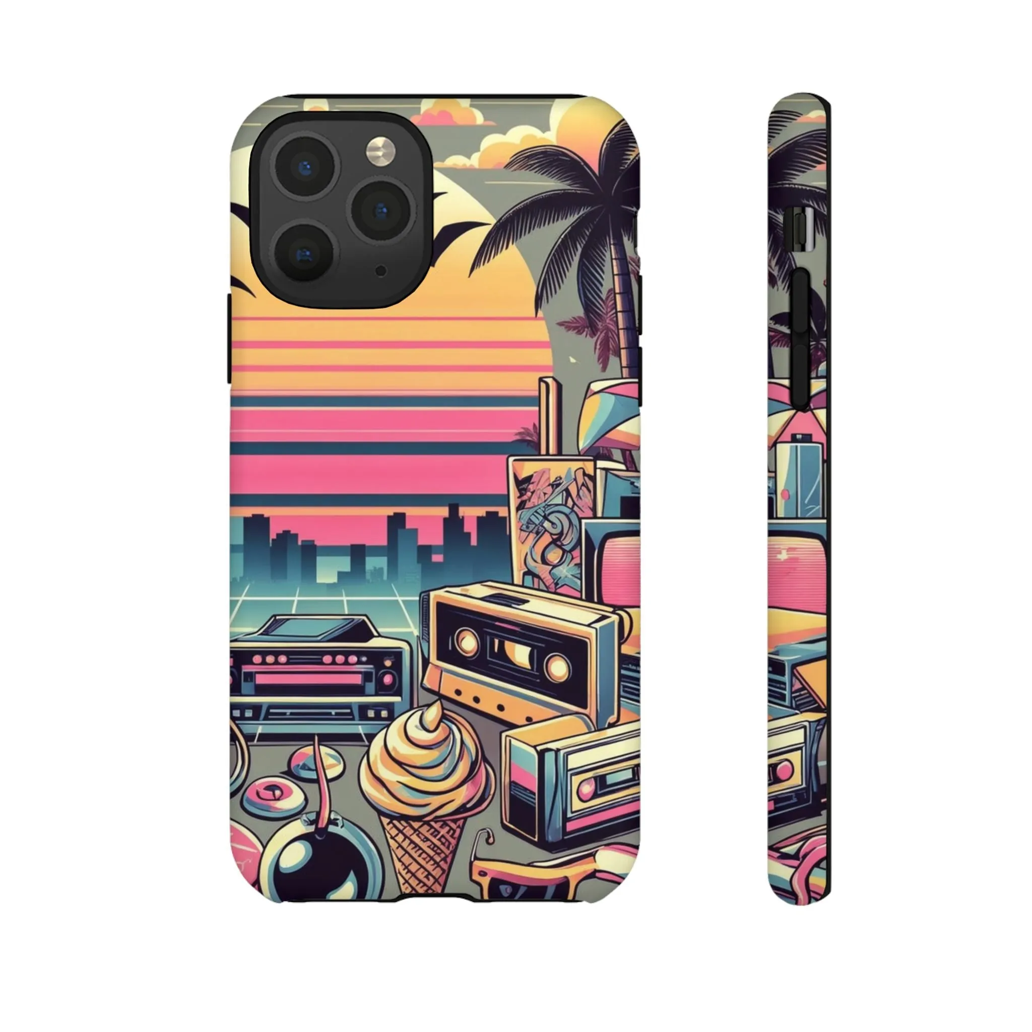 Who needs boring city skylines when you can have an epic sunset, palm trees, and 80s icons on your cell phone case?