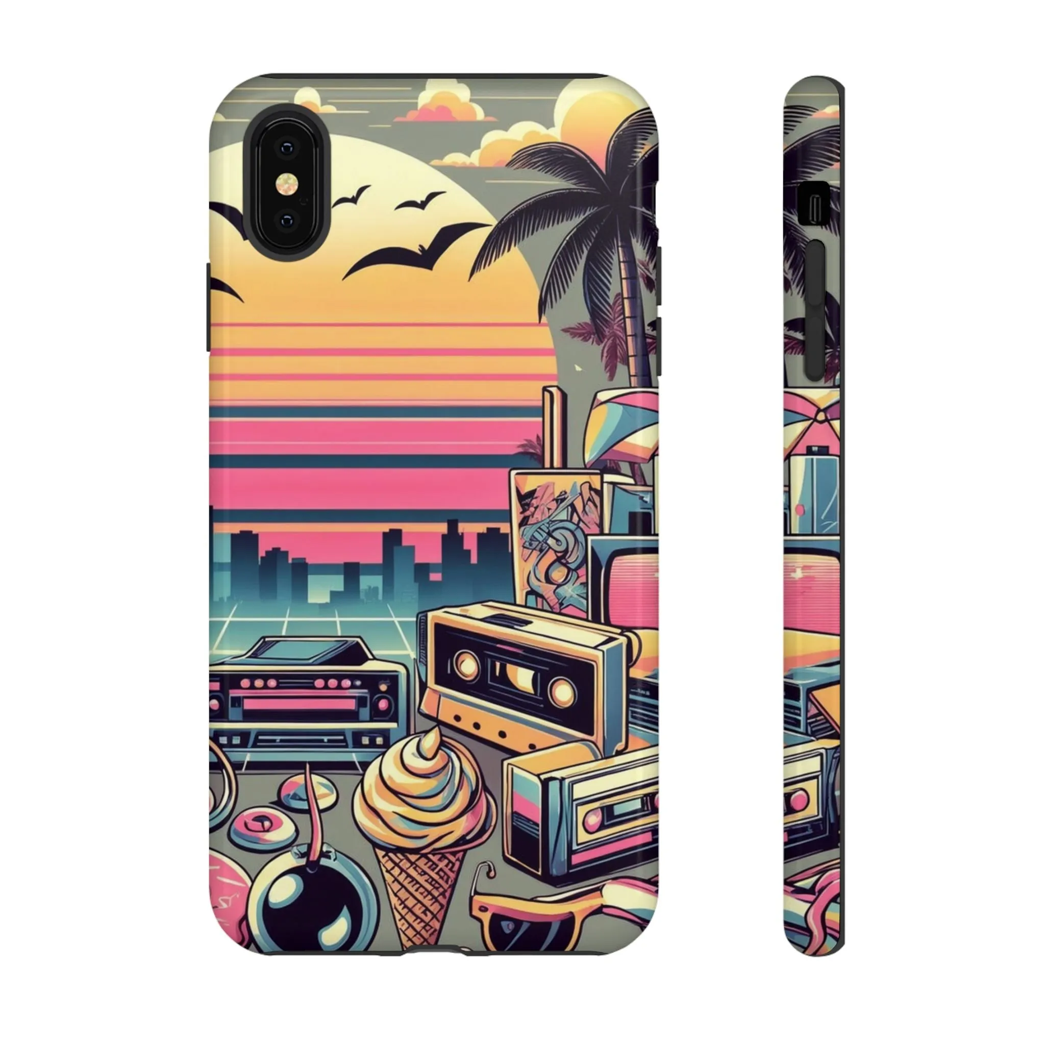 Who needs boring city skylines when you can have an epic sunset, palm trees, and 80s icons on your cell phone case?