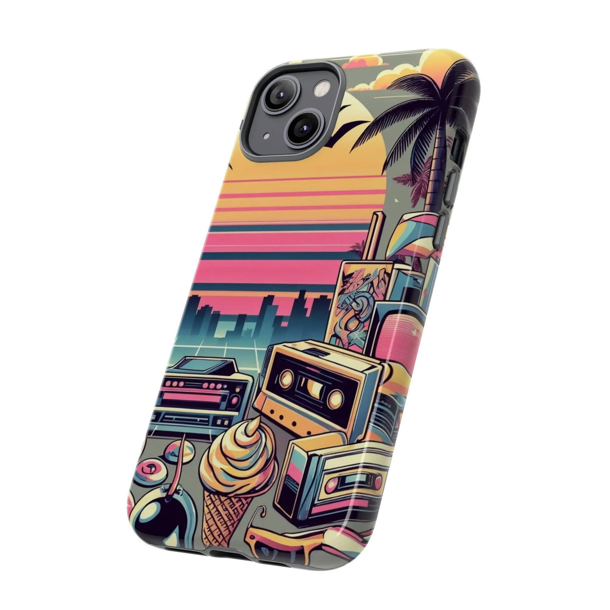 Who needs boring city skylines when you can have an epic sunset, palm trees, and 80s icons on your cell phone case?