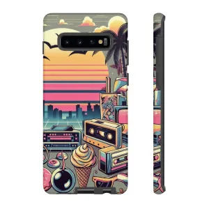 Who needs boring city skylines when you can have an epic sunset, palm trees, and 80s icons on your cell phone case?