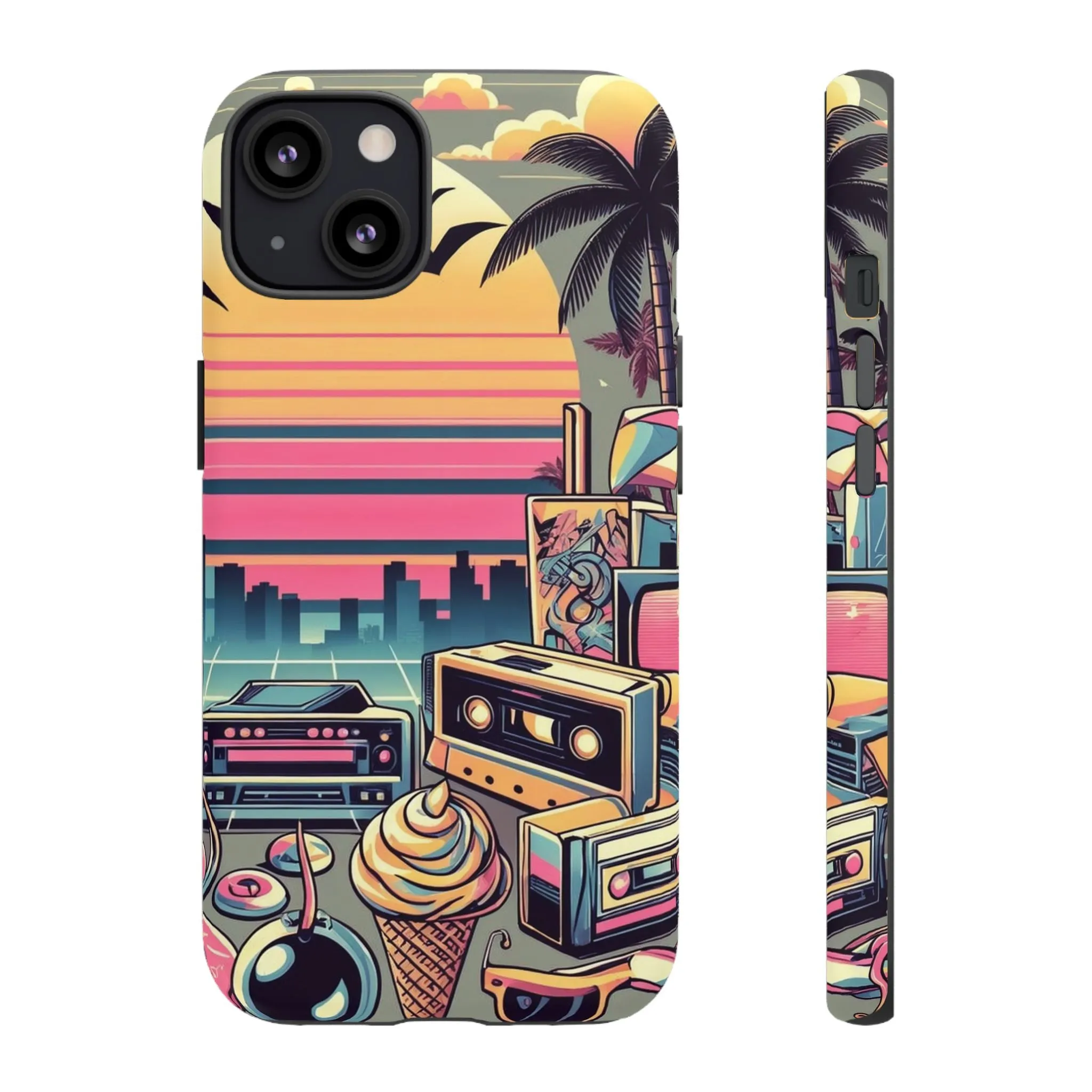 Who needs boring city skylines when you can have an epic sunset, palm trees, and 80s icons on your cell phone case?