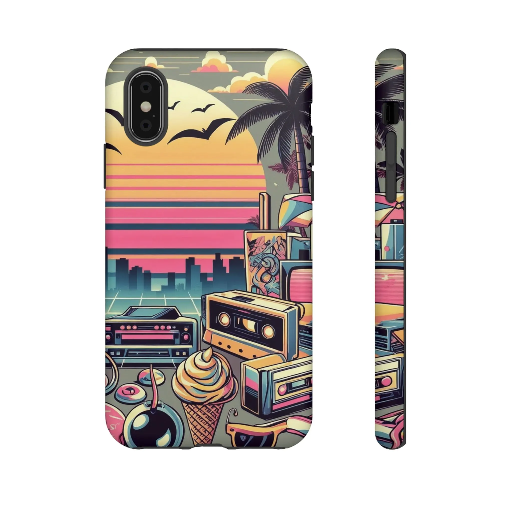 Who needs boring city skylines when you can have an epic sunset, palm trees, and 80s icons on your cell phone case?