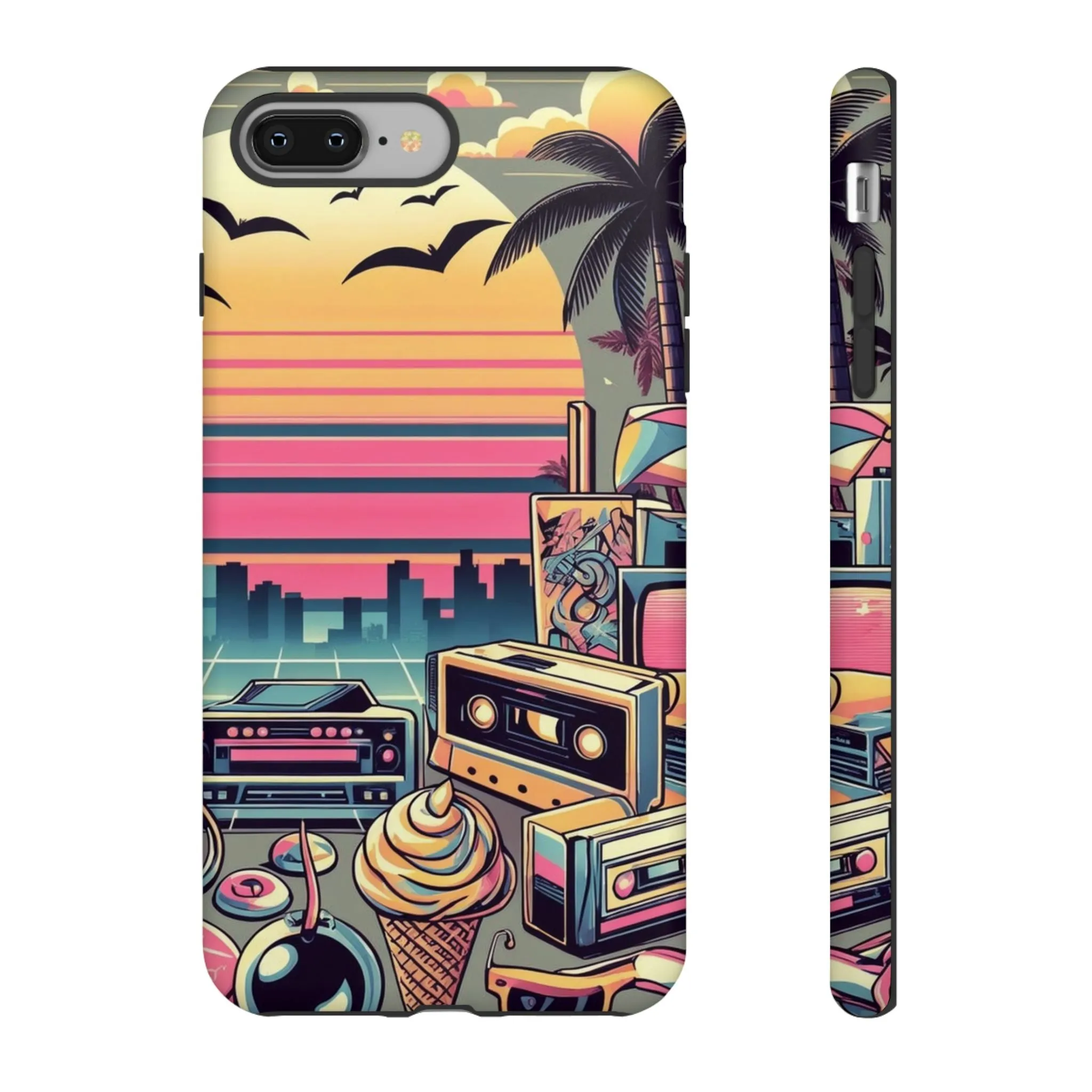 Who needs boring city skylines when you can have an epic sunset, palm trees, and 80s icons on your cell phone case?