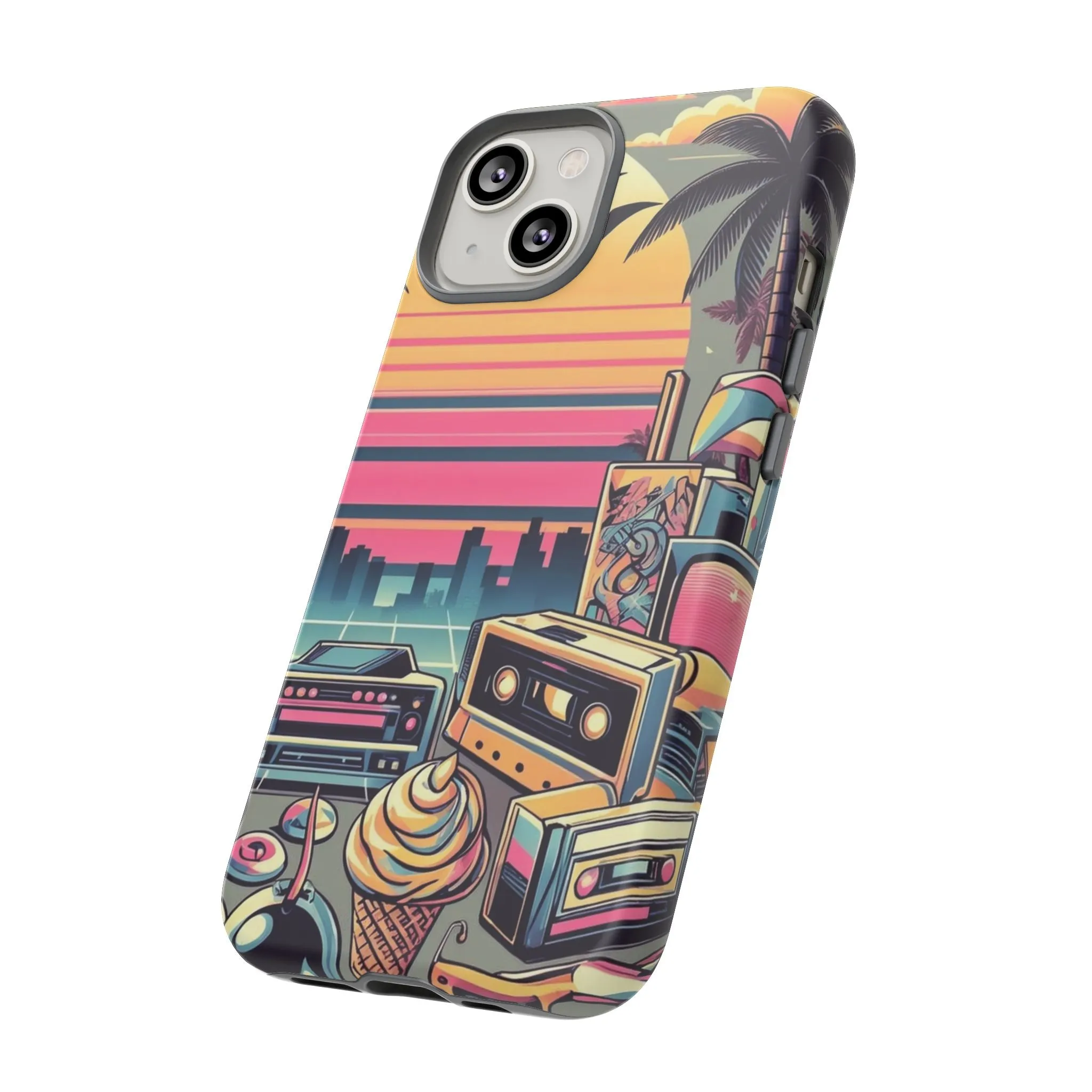 Who needs boring city skylines when you can have an epic sunset, palm trees, and 80s icons on your cell phone case?