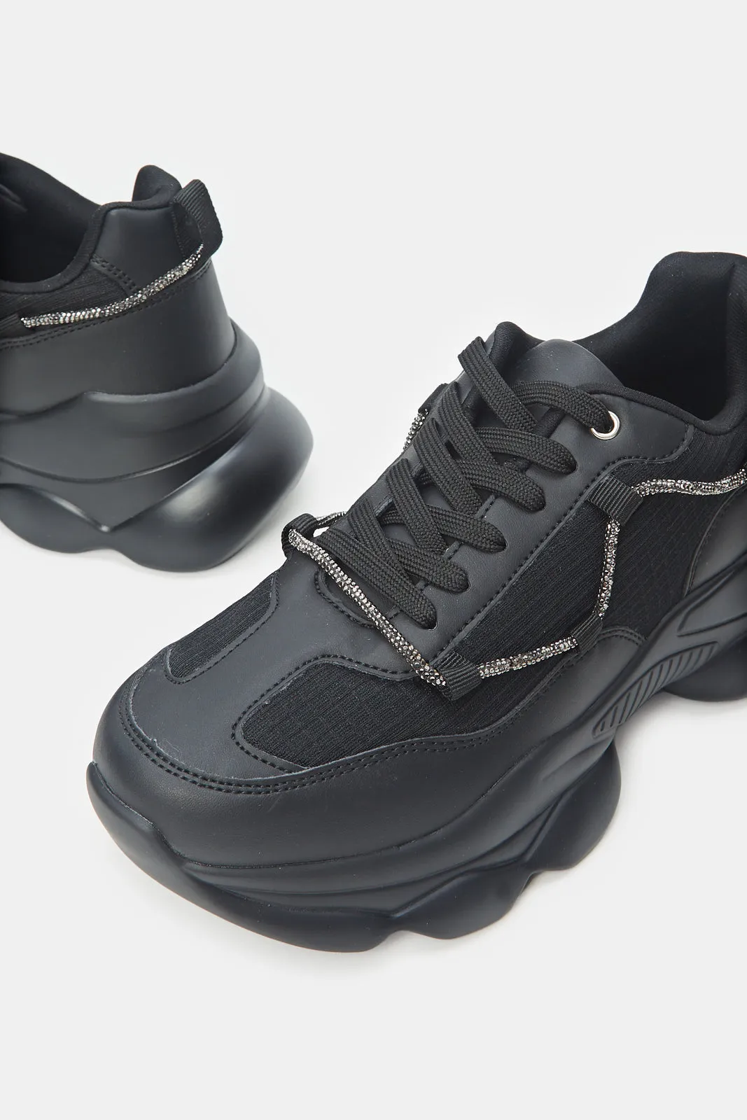 Women Black Chunky Trainer With Silver Trims