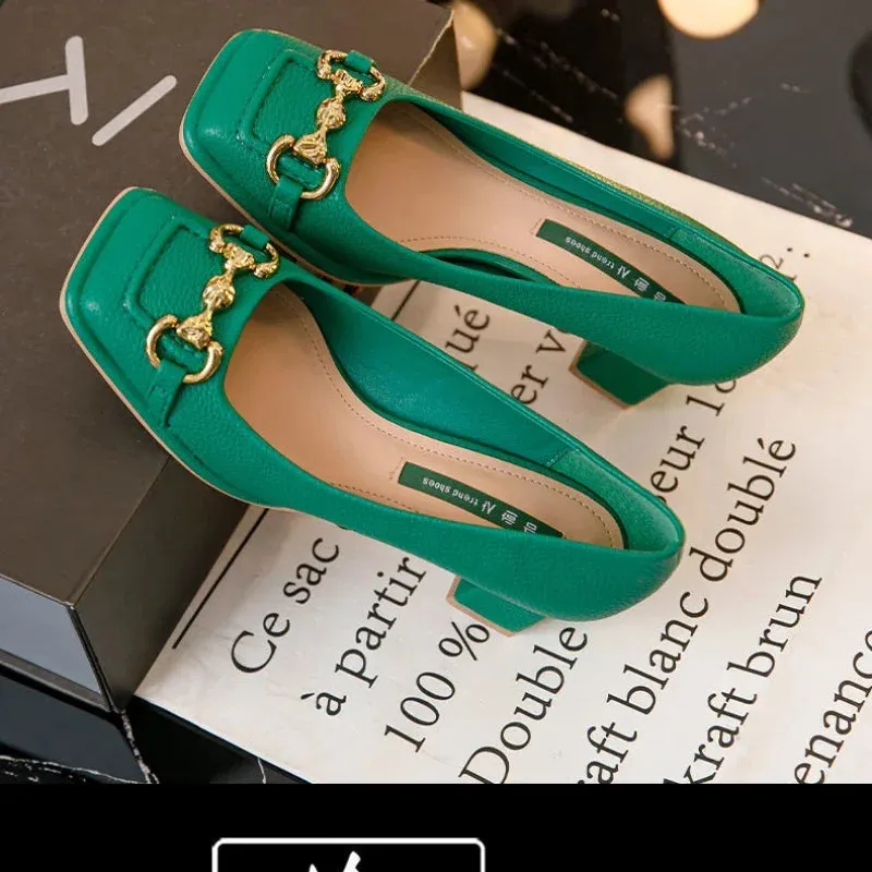 Women's Mid-heel 5.5CM 2022 Summer French Style Back Empty Female Thick Heel Square Toe Mary Jane Shoes Black Green Talon Femme