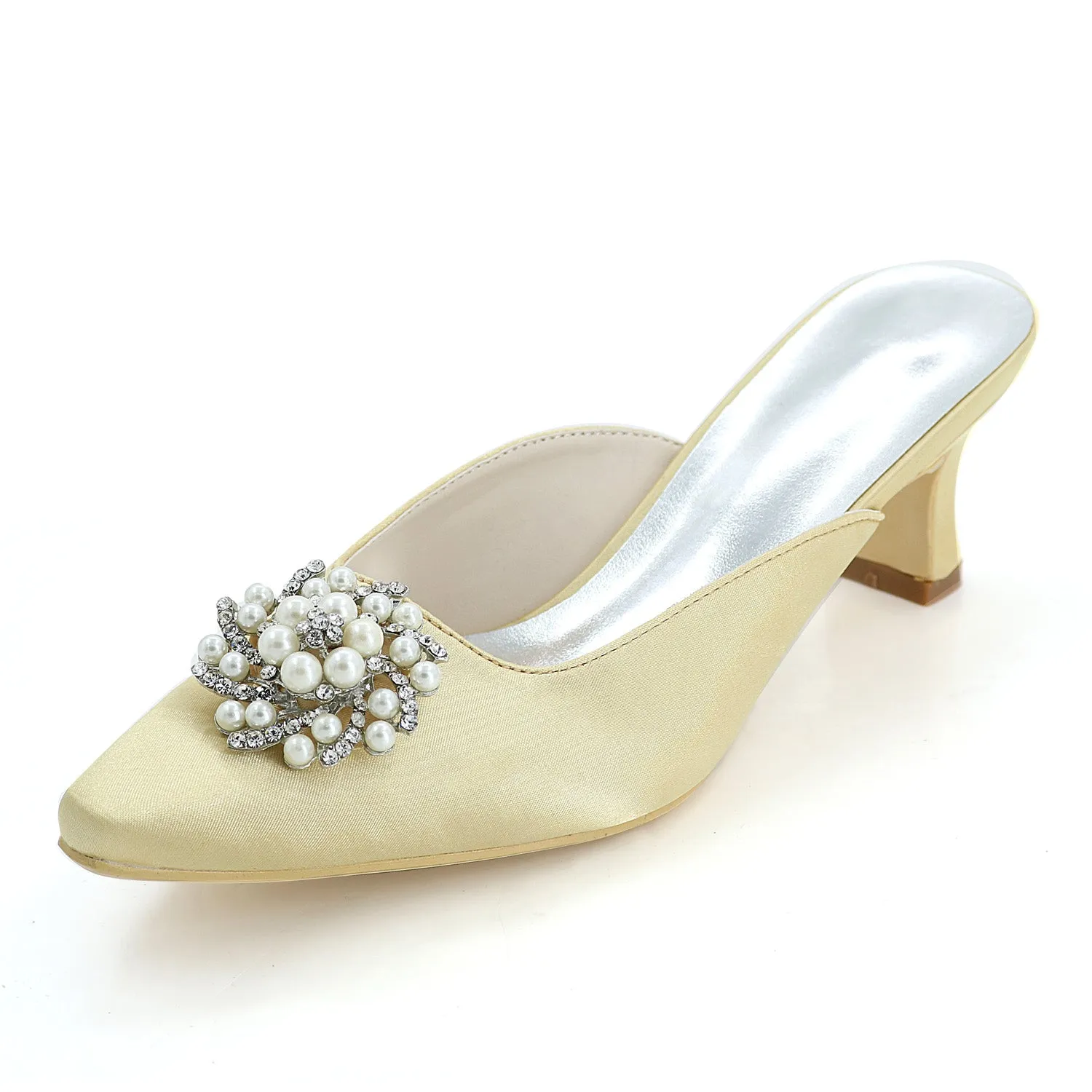 Women's Satin Chunky Heel Closed Toe With Rhinestone Wedding Shoes Bridal Shoes