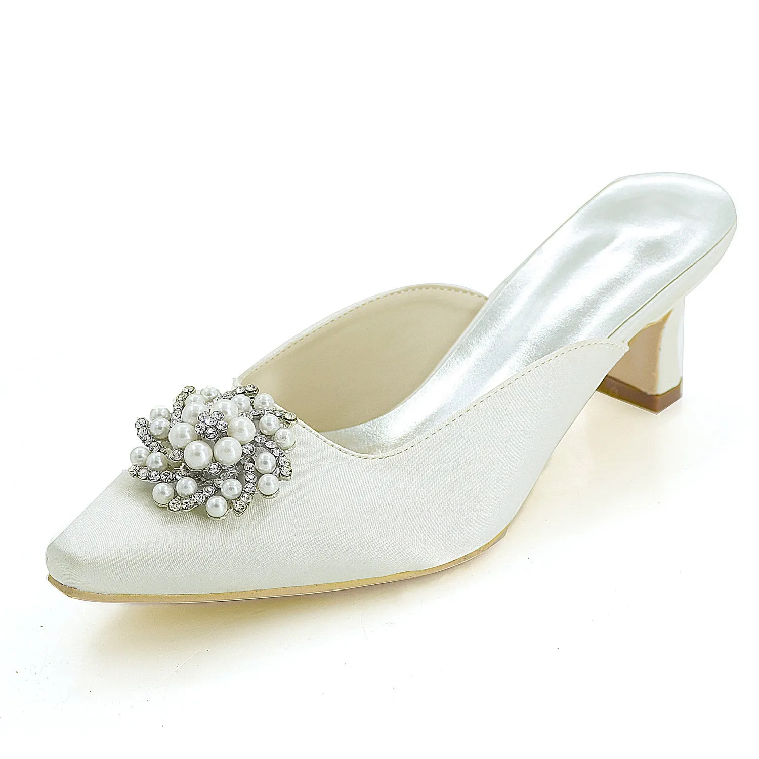 Women's Satin Chunky Heel Closed Toe With Rhinestone Wedding Shoes Bridal Shoes