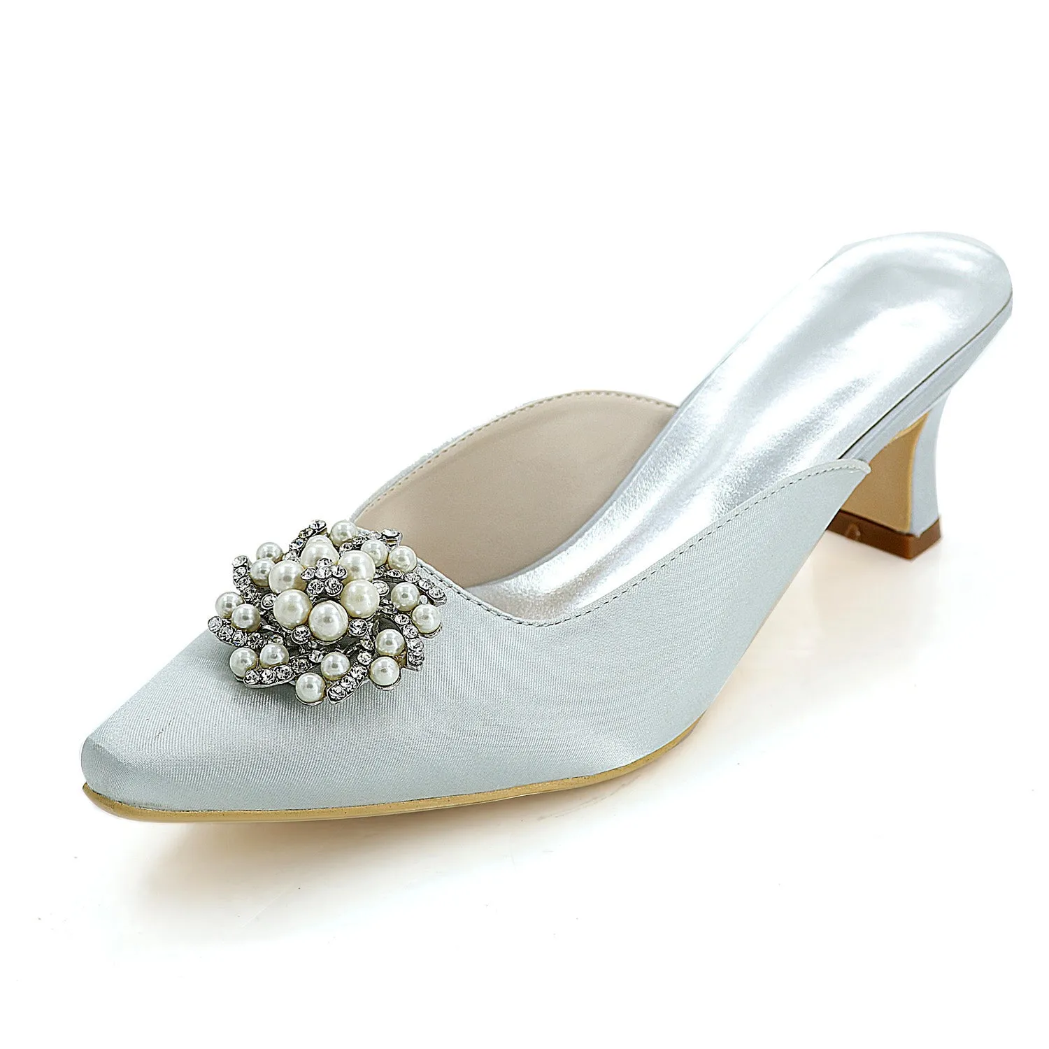 Women's Satin Chunky Heel Closed Toe With Rhinestone Wedding Shoes Bridal Shoes