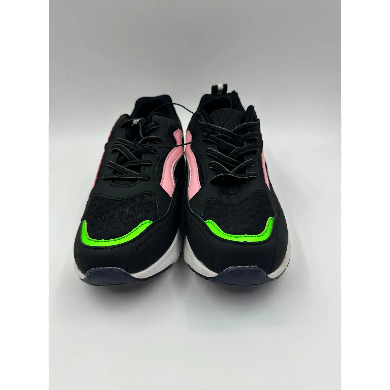 Women's Size 7, Black 90s Style Chunky Sneaker with Pink and Green Accents