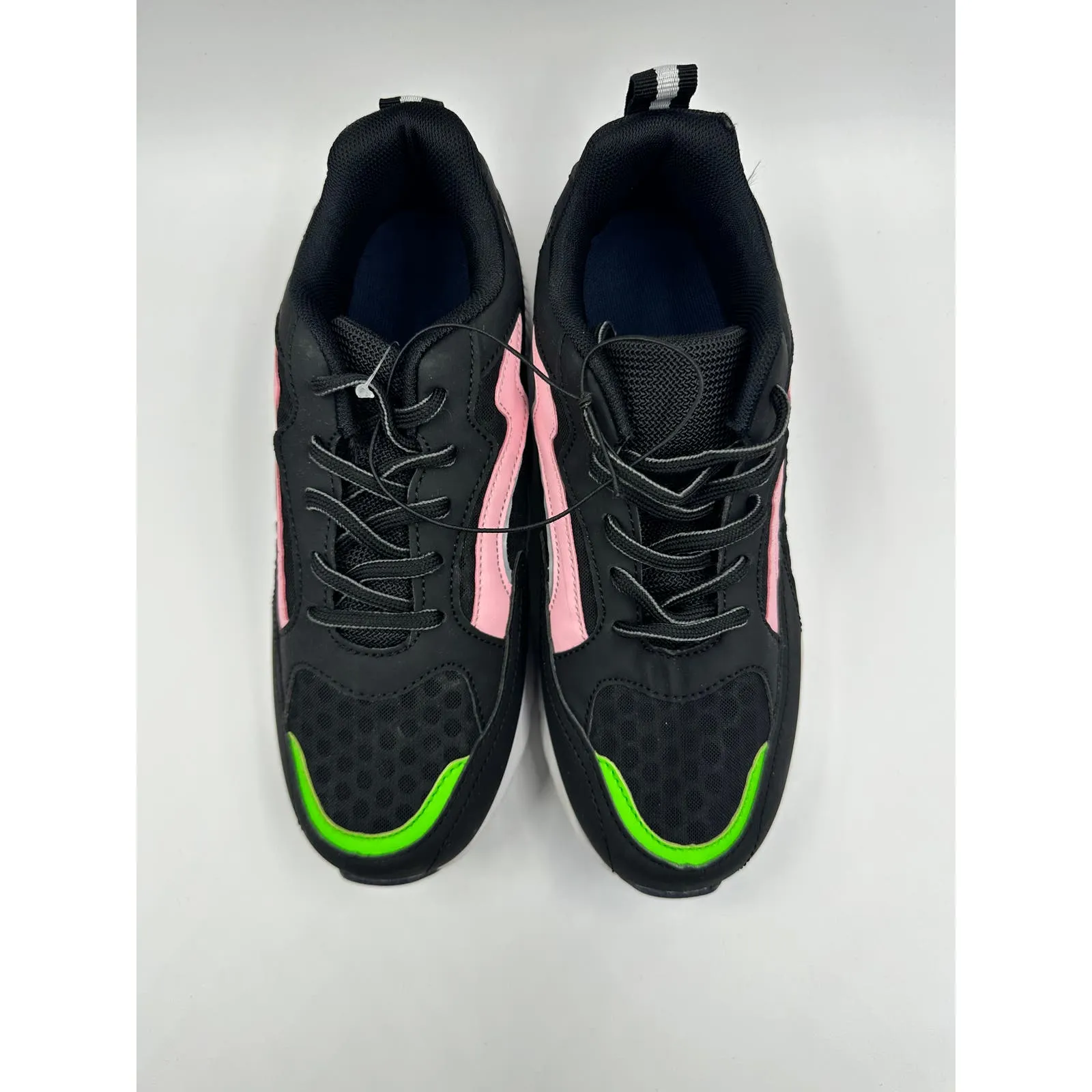 Women's Size 7, Black 90s Style Chunky Sneaker with Pink and Green Accents