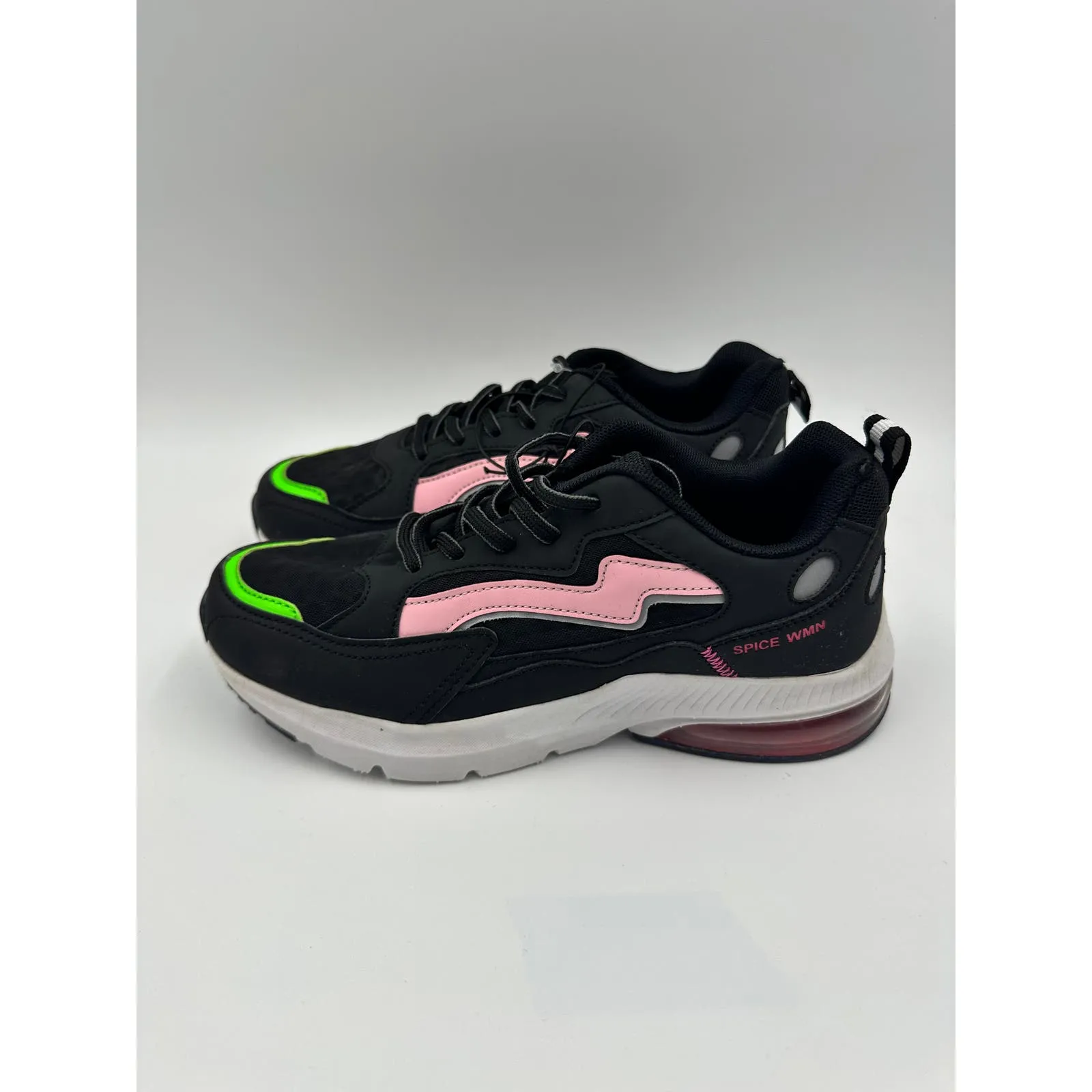 Women's Size 7, Black 90s Style Chunky Sneaker with Pink and Green Accents