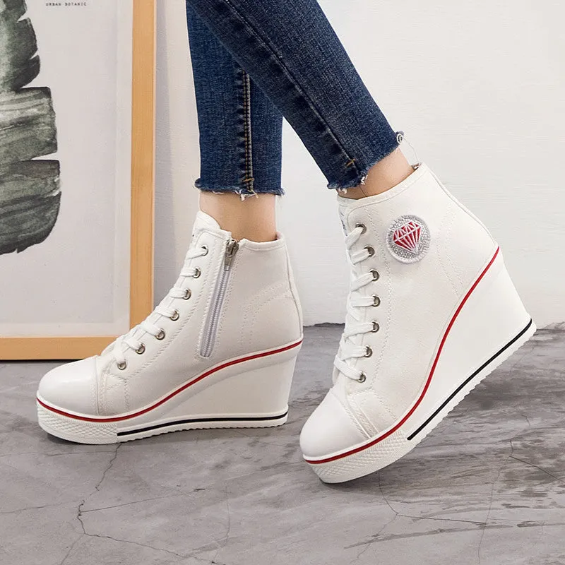 Womens Wedge Chunky Heel Casual Zipper Lace-up Canvas Shoes