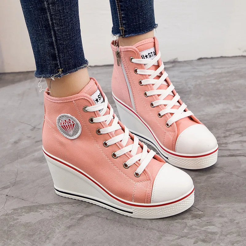 Womens Wedge Chunky Heel Casual Zipper Lace-up Canvas Shoes