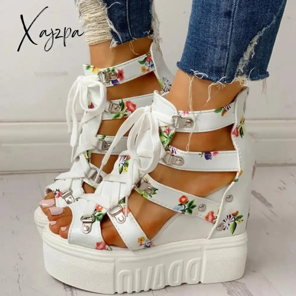 Xajzpa - INS Hot Print Leisure Wedges Women's Shoes Summer Shoes Women Sandals Platform Shoelaces High Heels Casual Shoes Woman