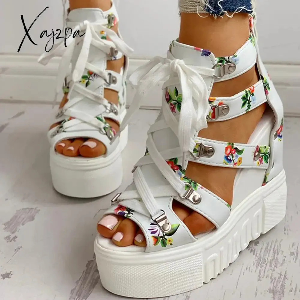 Xajzpa - INS Hot Print Leisure Wedges Women's Shoes Summer Shoes Women Sandals Platform Shoelaces High Heels Casual Shoes Woman