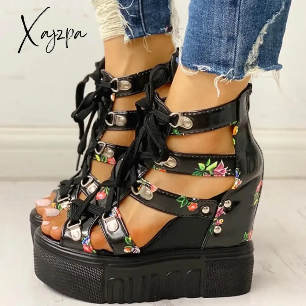 Xajzpa - INS Hot Print Leisure Wedges Women's Shoes Summer Shoes Women Sandals Platform Shoelaces High Heels Casual Shoes Woman