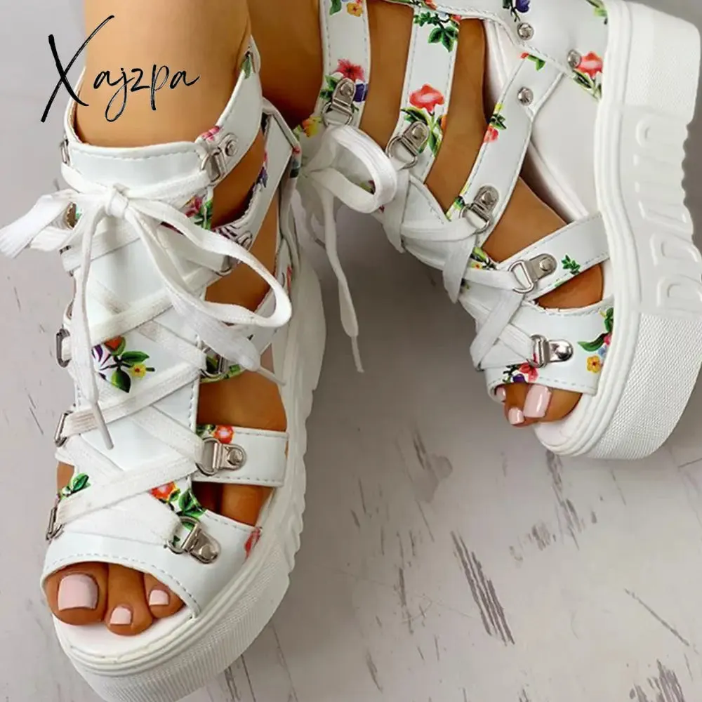 Xajzpa - INS Hot Print Leisure Wedges Women's Shoes Summer Shoes Women Sandals Platform Shoelaces High Heels Casual Shoes Woman